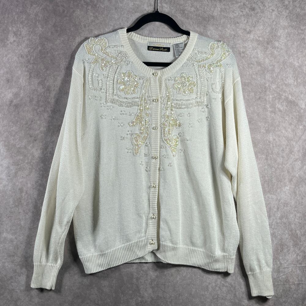 Vintage Dana Scott Cardigan Sweater Womens L White Knit Beaded Sequins Old Money